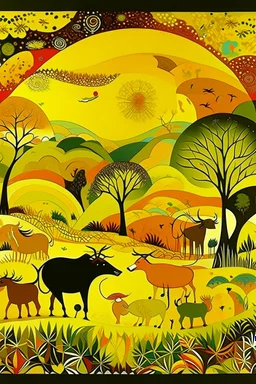 A yellow majestic savanna with animals designed in cave paintings painted by Wassily Kandinsky