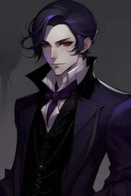 crea un personaje de anime, con pelo violeta oscuro, vestimenta elegante y oscura de la epoca victoriana. que sea un vampiro