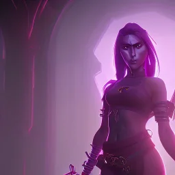 female synthwave ninja with a creepy stare, exposed belly, weilding dual swords