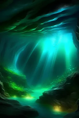 Una cueva en el fondo del oceano con luz propia al estilo aurora boreal repleta de seres luminosos nunca vistos como de otra dimension, un clima apacible ideal, ni frio ni calor apenas se puede distinguir si la atmosfera es de agua o de aire. Hay formas y texturas en la vegetación de la cueva que hipnotizan