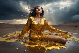 A hyper-realistic photo, beautiful face woman lying on ground disintegrating into gold dripping ink and slime::1 ink dropping in water, molten lava, full body size, 4 hyperrealism, intricate and ultra-realistic details, cinematic dramatic light, cinematic film,Otherworldly dramatic stormy sky and empty desert in the background 64K, hyperrealistic, vivid colors, , 4K ultra detail, , real , Realistic Elements, Captured In Infinite Ultra-High-Definition Image Quality And Rendering, Hyperrealism