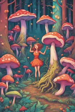 In the heart of the psychedelic forest, where the very air shimmered with vibrant hues and the world seemed to sway to an otherworldly rhythm, Fiona and Deery found themselves consumed by a fit of infectious laughter. The colors of the hallucinatory mushrooms seemed to have woven themselves into their very beings, turning their laughter into a symphony of joy that resonated through the forest. Fiona's laughter was a cascade of crystalline notes, as if each chuckle was a droplet of pure delight.