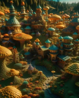 An intricate village made of psychedelic mushrooms, art by Greg Rutkowski, 3d render
