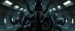 master oil painting by Rembrandt, black glistening slimy octopus insectoid hypnotic Nephilim tribe trauma watchers commando in spaceship with some scared humans, in the style of Giger, 3d anime