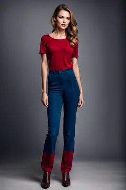 fullbody shot of young-beautiful-german girl-with-a-perfect-face-with-make-up-wearing- blue top and dark red pants standing , prophesional photography studio