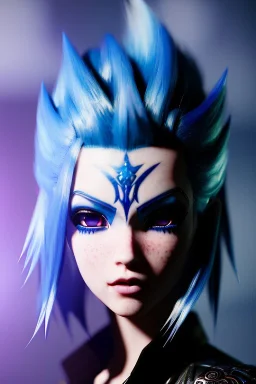 Smirking anime vampire, light blue hair, blue eyes, waist up portrait, 8k resolution, intricate details, ornate details, soft lighting, vibrant colors, retroanime, masterpiece, intricate eyeliner, dark eyeshadow, eyes, intricate tattoos, futuristic cityscape background