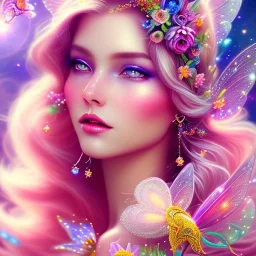 bright fairy, beautiful portrait, flowery landscape, cosmic atmosphere, perfect composition, 8k, super detailed, delicate flowers, complemfentary colours, intricate details