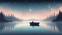 vector graphic of a boat in the middle of a cozy mist lake where the sky is filled with stars