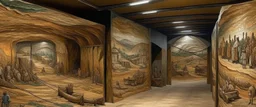 A brown underground mining village designed in Australian aboriginal art painted by Gustave Courbet