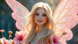 Enlighten, highly detailed image nice smiling happy sweet sunshine faery, beautiful blue eyes, long wonderful hair, bright cristal glitter silk fairy wings, bright morning, sugar sweet white gold light pink blue shining graduated colours, nice magic atmosphere, cosmic ambiance, waterfalls, flowers, glitters, sugar sweet puffy cotton, hyper ultra realistic, 32 K, tom bagshaw, greg rutkowski, global illumination, radiant light, bright sky, intricate details