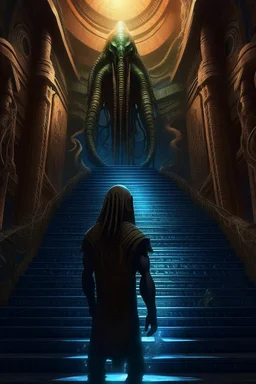 portrait of Nyarlathotep from Cthulhu mythos walking down stairs, stars shining, Egyptians with the hair standing straight up in front of pyramid of Babel. 4 k, down light, depth of field, trending art, spray paint, high detail, fantasy art, alien connection, future tech