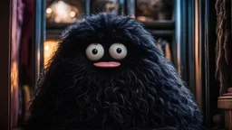 Super Closeup Portrait of dystopian fluffy black barbapapa in spooky closet very detailed, hd, RAW photograph, masterpiece, top quality, best quality, official art,highest detailed, atmospheric lighting, cinematic composition, complex multiple subjects, 4k HDR, vibrant, highly detailed, Leica Q2 with Summilux 35mm f/1.2 ASPH, Ultra High Resolution, wallpaper, 8K, Rich texture details, hyper detailed, detailed eyes, detailed background, dramatic angle, epic composition, high quality