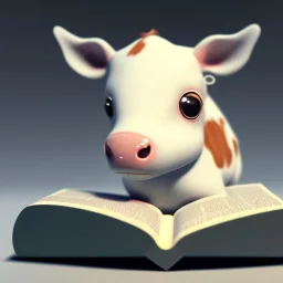 Tiny cute cow toy, reading a book, 3d blender render