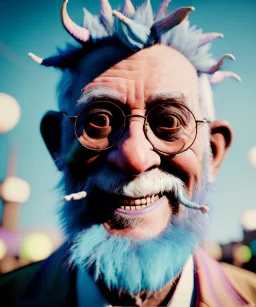 Ultra Realistic photo, medium shot view, drunken sweet happy old man, carnival scene, monster hair, steampunk style. Blue hair, confeti, smile, happy, festival, ovnis, gradient color fog. highly detailed, concept art, unreal engine 5, ray tracing, RTX, lumen lighting, ultra detail, volumetric lighting, 3d, finely drawn, high definition, high resolution.