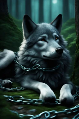 sad small scruffy wolf in chains laying down eyes closed, photorealistic, 4k, fantasy, forest