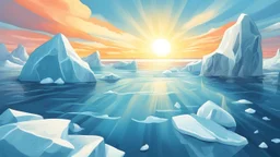 cartoon illustration: nature with icebergs and frozen sea, sun in the sky