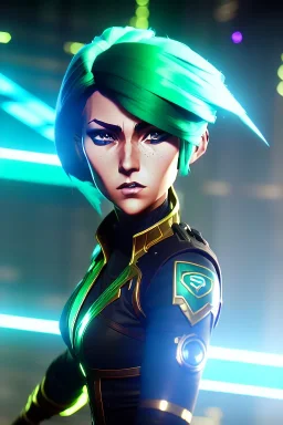 Futuristic female soldier, physically fit, green hair, blue eyes, intricate eyeliner, vibrant eyeshadow, clear completion, soft lighting, 4k resolution, intricate details, insanely detailed, colorful cityscape background, masterpiece, expert, cinematic smooth, retroanime style, realistic details, no helmet