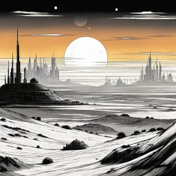 [inking by Noir Sequential Pages: star wars] the iconic skyline of Tatooine at sunset