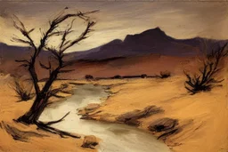 Dry trees, night, arid land, vegetations, rocks, little river, mountains, philip wilson steer impressionism painting