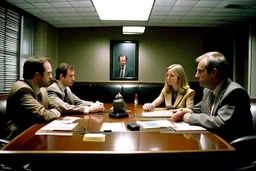 Reunión de 4 personas en una mesa de reuniones en una oficina. Fotografía en color. Con cámara Leica 35 mm