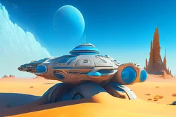 sci-fi spaceship sitting in the desert, with a blue sky, an alien cityscape