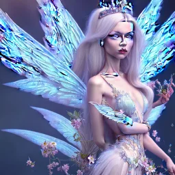 Fantasy cute fairy with wings, smiling, blue eyes, make up, long blond platinum hair, crown, beautiful dress, flowers in background, blender 3D