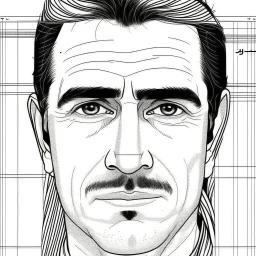 About drawing these features of a man's face Eyes: almond-shaped, medium-sized with defined eyelids and a direct and steady look. nose: a nose with prominent features, straight and with a slightly pointed tip, which can be described as a Roman nose. Mouth: Medium width with defined lips, neither too full nor too thin. Eyebrows: Naturally dense and curved, to match the shape of the face. Big Mustache: dense and arched following the shape of the upper lip.Chin and jaw: A prominent chin and defined
