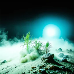 A striking quality Kodak photograph captures a wasteland with liquid and group of monstruous plants, creepy, details of the dust very accentuated, glossy organic mass, adorned with minerals and rocks. Bathed in intense light, eerie, Max Ernst style, blue sun, fluids, fog, paranoic, obsessive