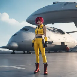 high res cinematic photo by Hajime Yatate: Faye Valentine, clad in her iconic outfit (a yellow short and a yellow latex crop top, under a red bubble sleeveless jacket), stands on the tarmac of Aeropuerto on Asteroid Tijuana with leather boots. She points her trusty gun. Amidst noise and dust swirling around the starship, Faye's violet hair is an 80s update of the flapper Bob, reflecting the tech beauty of the alien spaceport.