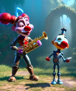 mechanoid clown playing jazz with a steampunk theme, trumpet, realistic