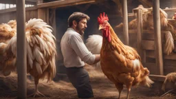 Hyper Realistic a chicken is beating a handsome-young-farmer from its beak inside a chicken coop with scared expressions on farmer's face few haystacks behind & feathers whirling dramatic & cinematic ambiance