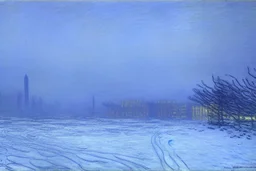 cyberpunk buildings near the frozen lake, winter, tendency to science fiction, realistic vision, claude monet painting