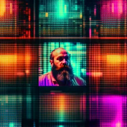 vintage photos arranged in a binary grid, a fat, bearded man (watching tv:1.8),,comic book panels, multiple angles, a mixture of lighting and color palettes.