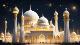 Hyper Realistic White-&-Golden-Mosque with beautifully-crafted-domes-&-minarets & light-lamp-stand at beautiful dark night with stars on sky & few men worshiping