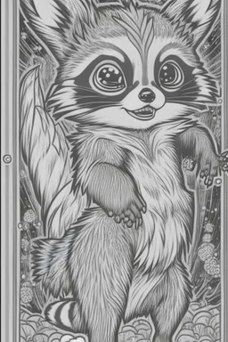 coloring book page of a magical raccon pokemon ,monochrome, black and white, sharp, sketch drawing