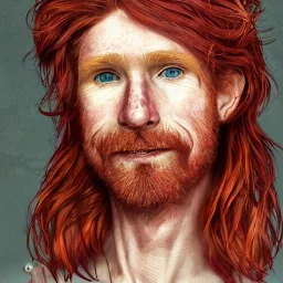 Portrait of young Courtney Gains as a ruggedly handsome, joyful, roguish pirate, charismatic, attractive male, masculine, perfect, precisely detailed clear eyes, unblemished, flawless skin, softly freckled face; meticulously detailed multi-hued ginger carrot-colored cherry fire red hair; fantasy, intricate, elegant, highly detailed, digital painting, concept art, matte, sharp focus, illustration, art by artgerm and greg rutkowski and alphonse mucha