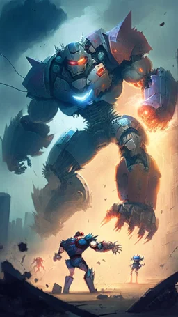 super hero fighting a giant evil robot