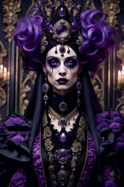 goth maximalist woman with purple eyes, a true embodiment of intricate darkness and opulent extravagance adorned with an alluring palette of morbidly resplendent hues and an exquisitely embellished ensemble that transports the observer into a mesmerizing realm of decadence and enigma