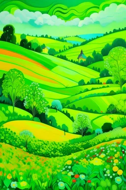 A lime green hilly fields with flowers painted by Xul Solar