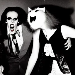 Photo of 1980s party with a vampire scaring a cat