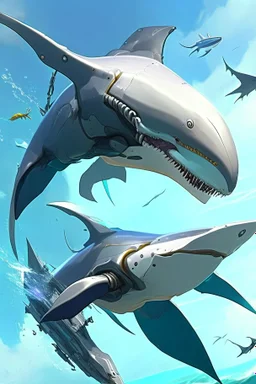 a picture of a shark that is flying in the air, cyborg whale, anno 2070, modern mecha anime, aeromorph, stunning sci-fi concept art, male robotic anthro orca, robotic anthro dolphin, cgsociety ), mecha anthropomorphic penguin, from arknights, cool mecha style, futuristic art style, mecha art