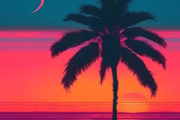 a palm tree during a sunset, lofi colors, lofi vibes, cool colors