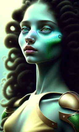 young girl, cute, beautiful, long curly hair, black hair, green alien skin, big flat nose, black eyes, big eyes, turquoise dress, head and shoulders portrait, 8k resolution concept art portrait by Greg Rutkowski, Artgerm, WLOP, Alphonse Mucha dynamic lighting hyperdetailed intricately detailed, avatar pandora