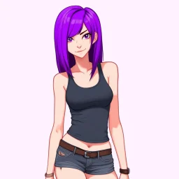 a pretty girl, skinny, relaxed, tank top, purple hair, deviantart, stylised, digital art