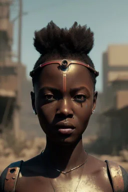 Beautiful portrait of african girl post-apocalypse robots in a cyberpunk city, sci-fi fantasy style, 8k,dark