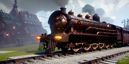 a beautiful steampunk train, tiny details, intricate, detailed, volumetric lighting, steam, rainy, reflective