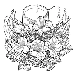 outline art for visually rich appealing centered heart ikebana orchids plumeria rounded stones candles, coloring page for kids, white background, fit to page, only use outline, clean line art, no shadows, clear and well outlined