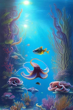 underwater scene, an octopus, a mermaid, beautiful colors, fish, very fine detail, high quality, mystical, romanticism, intricate, Neo-Impressionism,