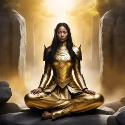 In a realm of dreams, a maiden in golden armor meditates amidst stone warriors, embodying strength and contemplation. The backdrop of imagination weaves a tale of ancient wisdom and modern courage. The guardians stand as silent sentinels, a testament to valor and resilience. The maiden's closed eyes and serene presence symbolize hope in a world of uncertainty. Together, they watch over the realm, a fusion of light and shadow, life and fantasy. Their story is a whisper upon the wind, a glimpse in