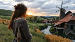 an open air Handicraft exhibition at closeup and a beautiful lady looking for to buy some things from the exhibition in a village over high grassy hills,a small fall and river and wild flowers at river sides, trees houses ,next to Ripe wheat ready for harvest farm,windmill ,,a few village local shops ,cloudy sun set sky,a few village local shops